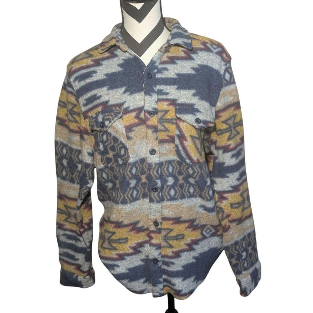 Raw Yarn Mens Aztec Southwest Fleece Button Up Shirt Jacket Large Tribal Print